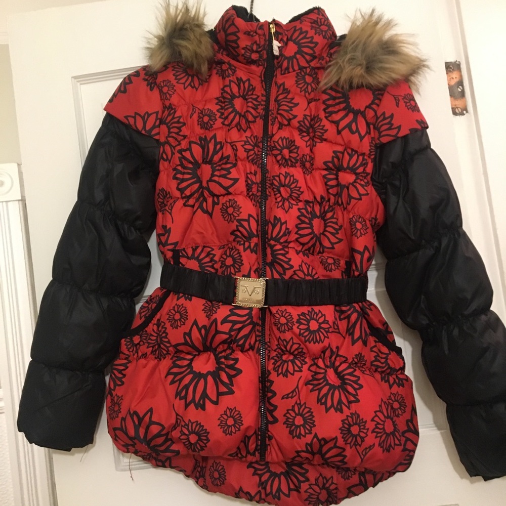 V 1969 Floral Puffer Jacket with Fur Trim and Belt